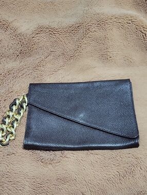 Saks 5th Avenue Brown Leather Envelope Clutch with Gold Chain Strap